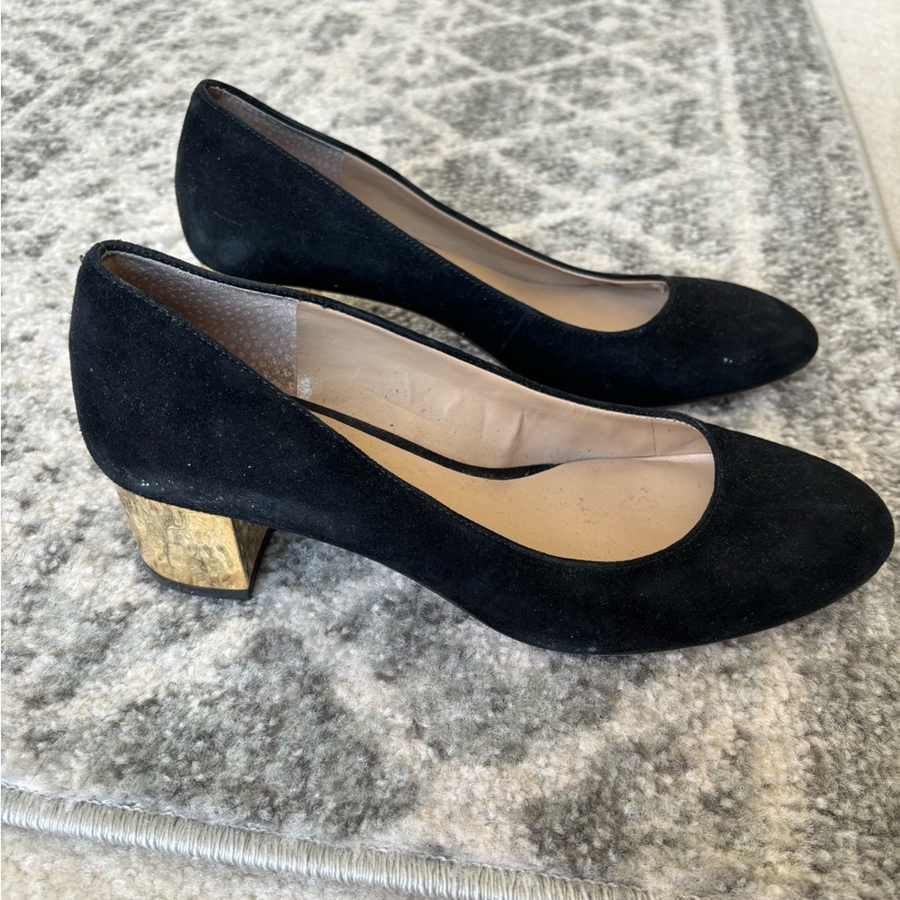Ann Taylor black suede gold block heels size 8